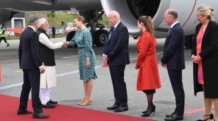 PM Modi was welcomed at the Copenhagen airport by his Danish counterpart Mette Frederiksen