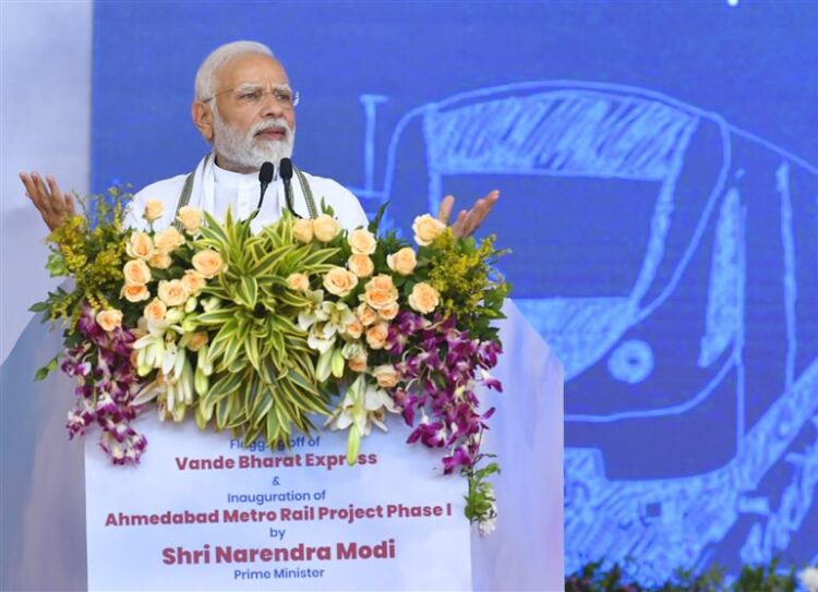 PM flags off new Vande Bharat Express between Gandhinagar and Mumbai at Gandhinagar Station in Gujarat