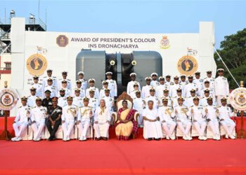 PRESIDENT OF INDIA PRESENTS PRESIDENT’S COLOUR TO INS DRONACHARYA