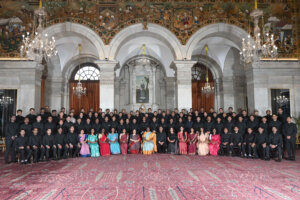 The President of India, Smt Droupadi Murmu in a group photograph with Probationers of Indian Forest Service (2022 batch) and Officers/Officer Trainees of Indian Defence Estates Service (2018 and 2022 batch) at Rashtrapati Bhavan, in New Delhi on July 24, 2023.