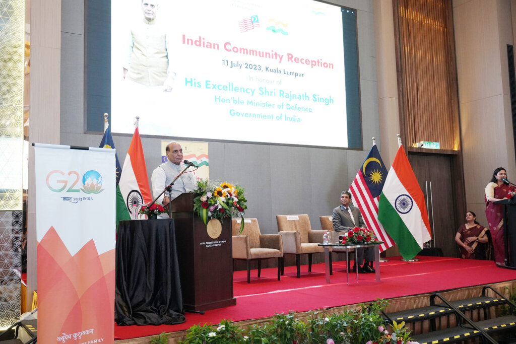 The Union Minister for Defence, Shri Rajnath Singh addressing the Indian diaspora at Indian Community Reception at Kuala Lumpur, in Malaysia on July 11, 2023.