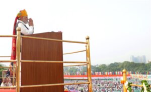 PM after addressing the Nation on the occasion of 77th Independence Day from the ramparts of Red Fort, in New Delhi on August 15, 2023.