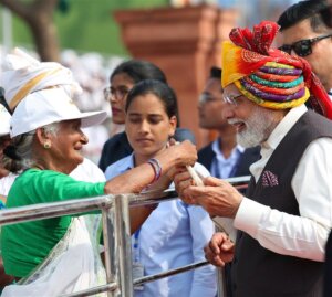 PM interacting with participants of Independence Day celebrations at Red Fort, in New Delhi on August 15, 2023.