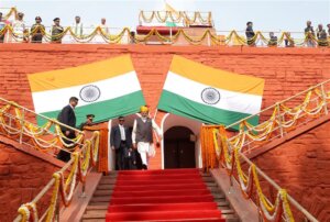 PM after addressing the Nation on the occasion of 77th Independence Day from the ramparts of Red Fort, in New Delhi on August 15, 2023.